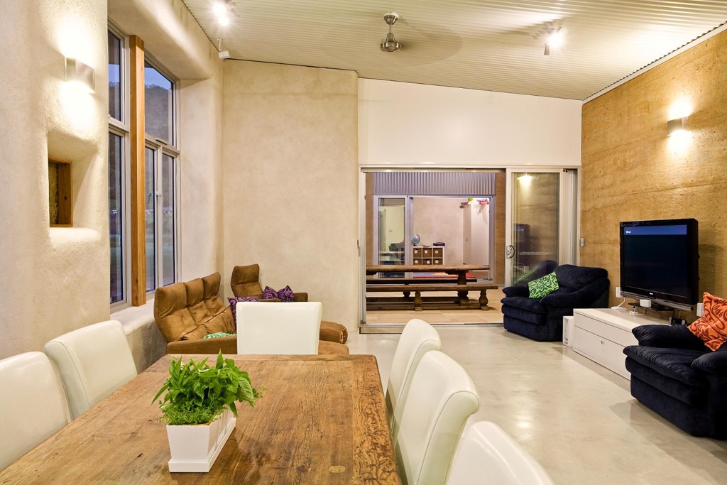 Rammed earth and strawbale walls, Queensland. 9 star energy rated home.
